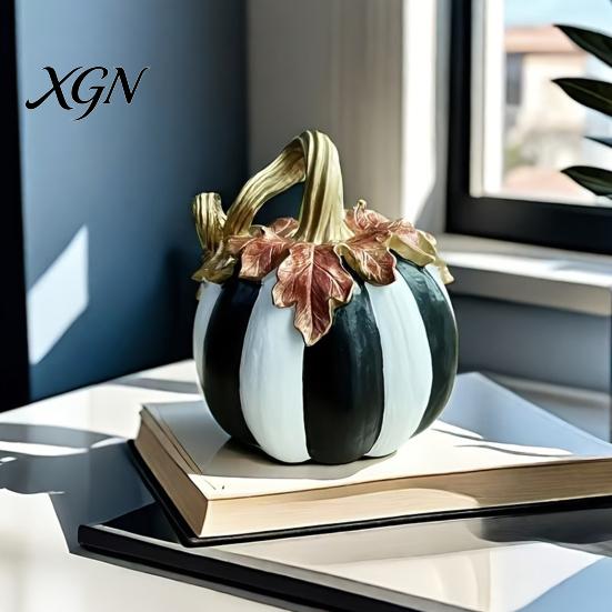 Hand Painted Retro Style Decor Black And White Striped Pumpkin Ornament, Resin Three Dimensional Sculpture Tabletop Centerpiece, Halloween Ornament