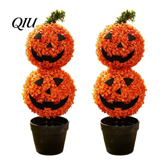 Artificial Pumpkin Topiary Tree Tree, Halloween Face Faux Boxwood Plants with Stake, Seasonal Front Porch Decor Fall Autumn Thanksgiving for Door