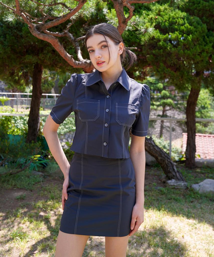 Bye Bye Seop Stitch Mini Skirt Navy [T32]