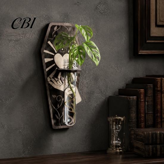 Dark Academia Home Decor Wooden Halloween Decorations, Plant Propagation Station Wall Hanging, Gothic Haunted House Party Supplies Coffin-Shaped Test