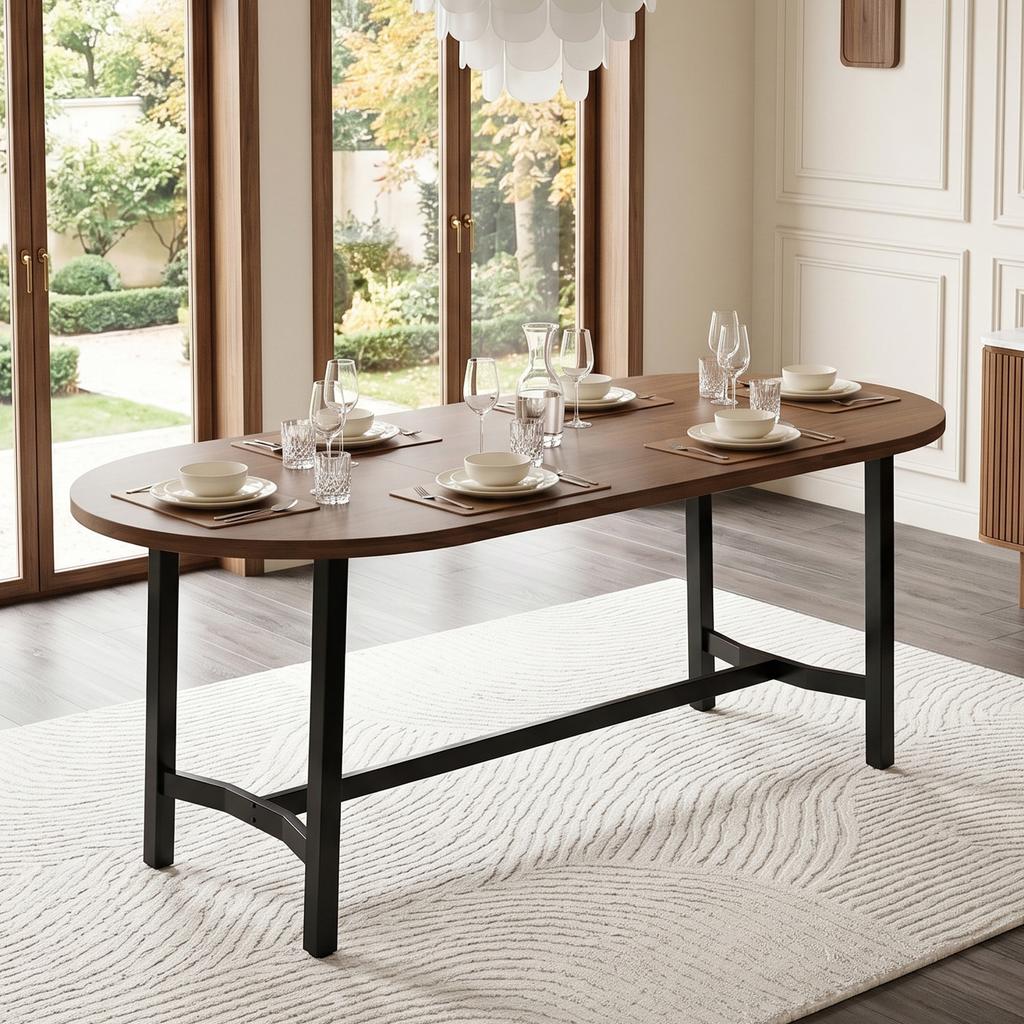 Dining Table 180*80*75cm, Suitable for 6–8 People, with Rounded Corners, in Simple Style, Table Legs Made of Iron, Walnut Wood Color