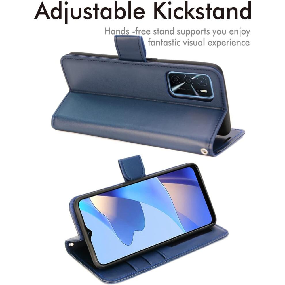 TECHGEAR Leather Wallet Case for Oppo A16s - Blue PU Leather, Magnetic Closure, 3 Card Slots + Cash Pocket, Stand & Wrist Strap (HJ8U)