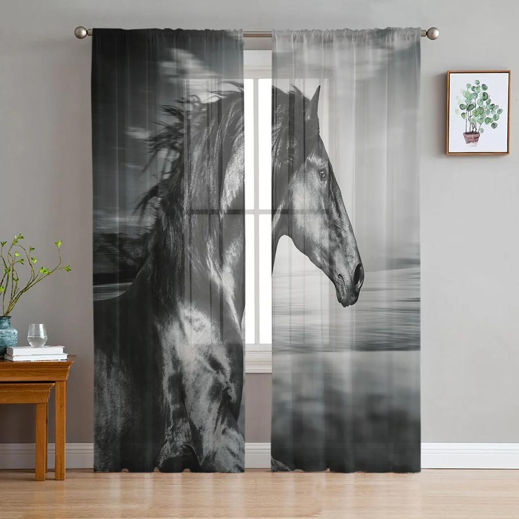 Running Horse Animal Sheer Curtains Living Room Window Tulle Curtains For Bedroom Kitchen Home Decoration Voile Drapes