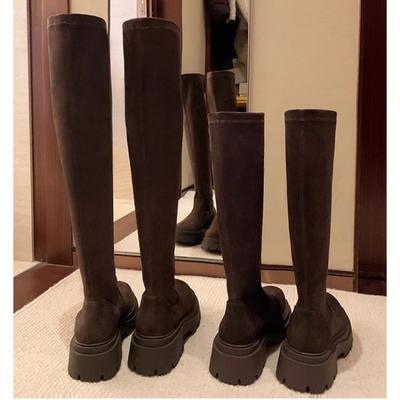 Виноградная мать того же стиля, универсальные круглоголовые на толстой подошве на высоком толстом каблуке, сапоги из тонкой замши, выпрямляющие ноги, осенне-зимние женские выше колена