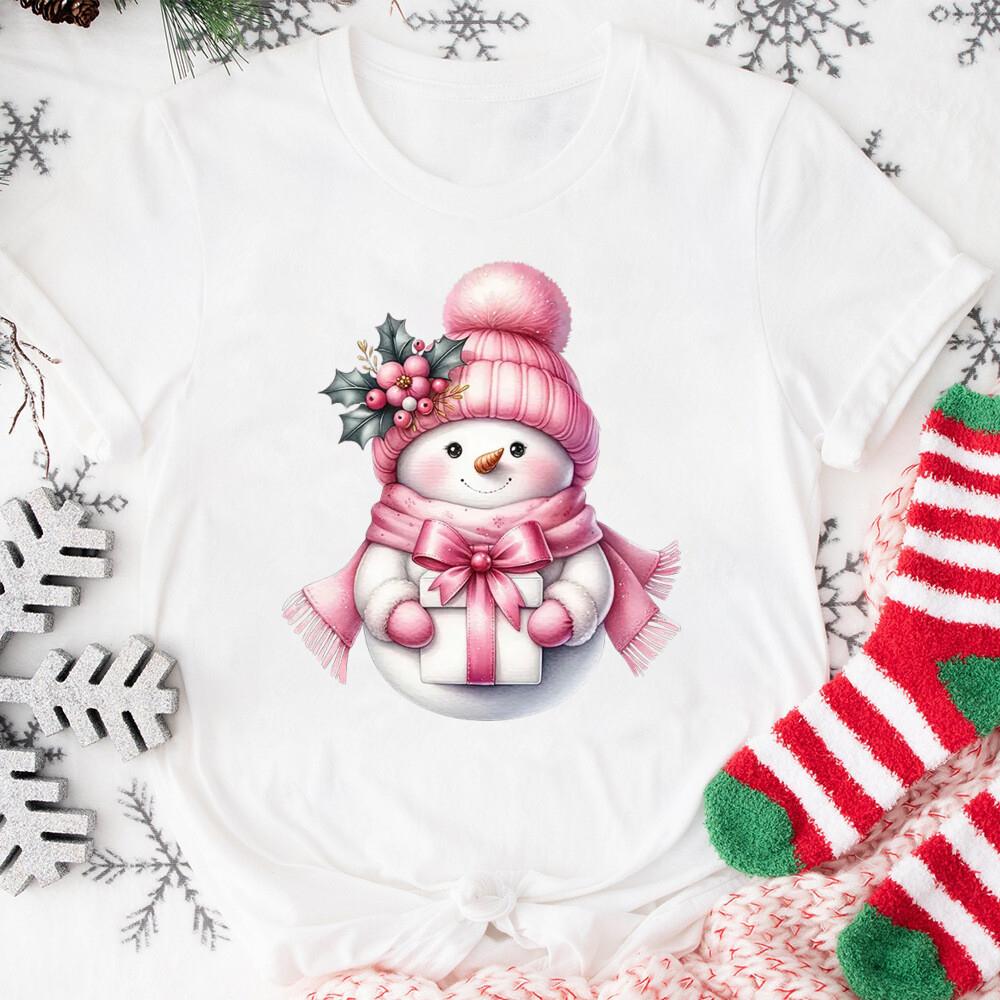 Christmas Pink Snowman T-shirt Christmas Activities TShirts Women Unisex Casual Tops White T-Shirt Graphic TShirt Streetwear