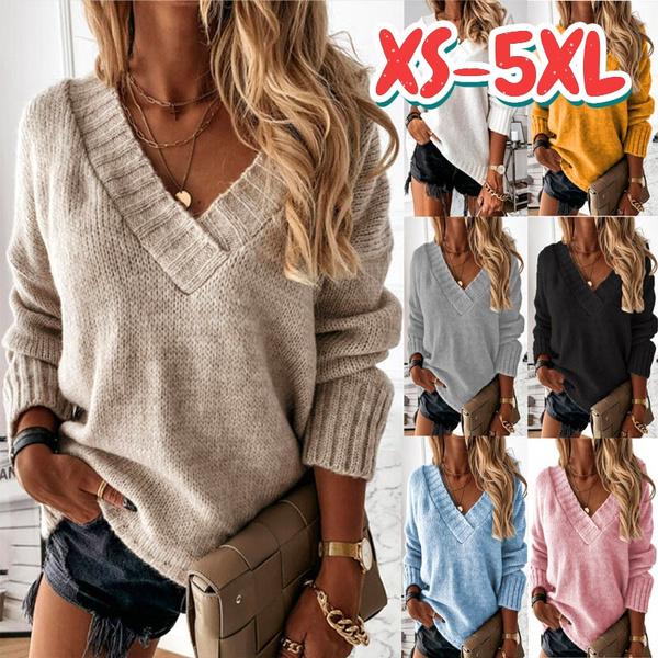 Женские повседневные топы, свитера с длинными рукавами, осенние и зимние теплые свитера, женские топы с глубоким v-образным вырезом, однотонные вязаные свитера, свободный пуловер-свитер