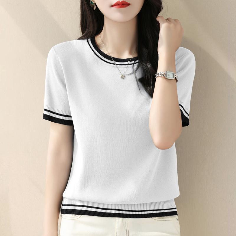 Summer Contrast Knitting Tops Tees Short Sleeve O-neck Loose Solid Color Elegant T Shirts Vintage Fashion Women Clothing