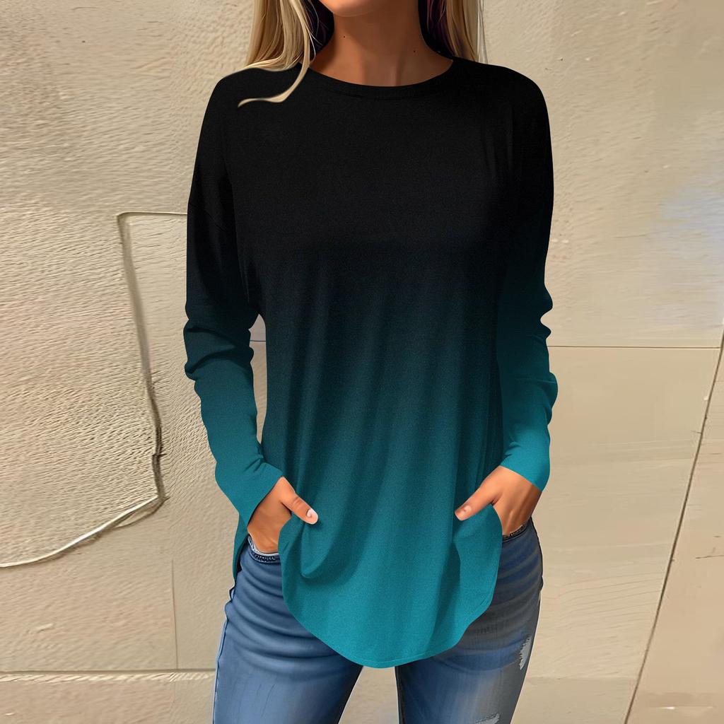 Women's Loose Round Neck Gradient Print Long Sleeve T-Shirt Top Pullover