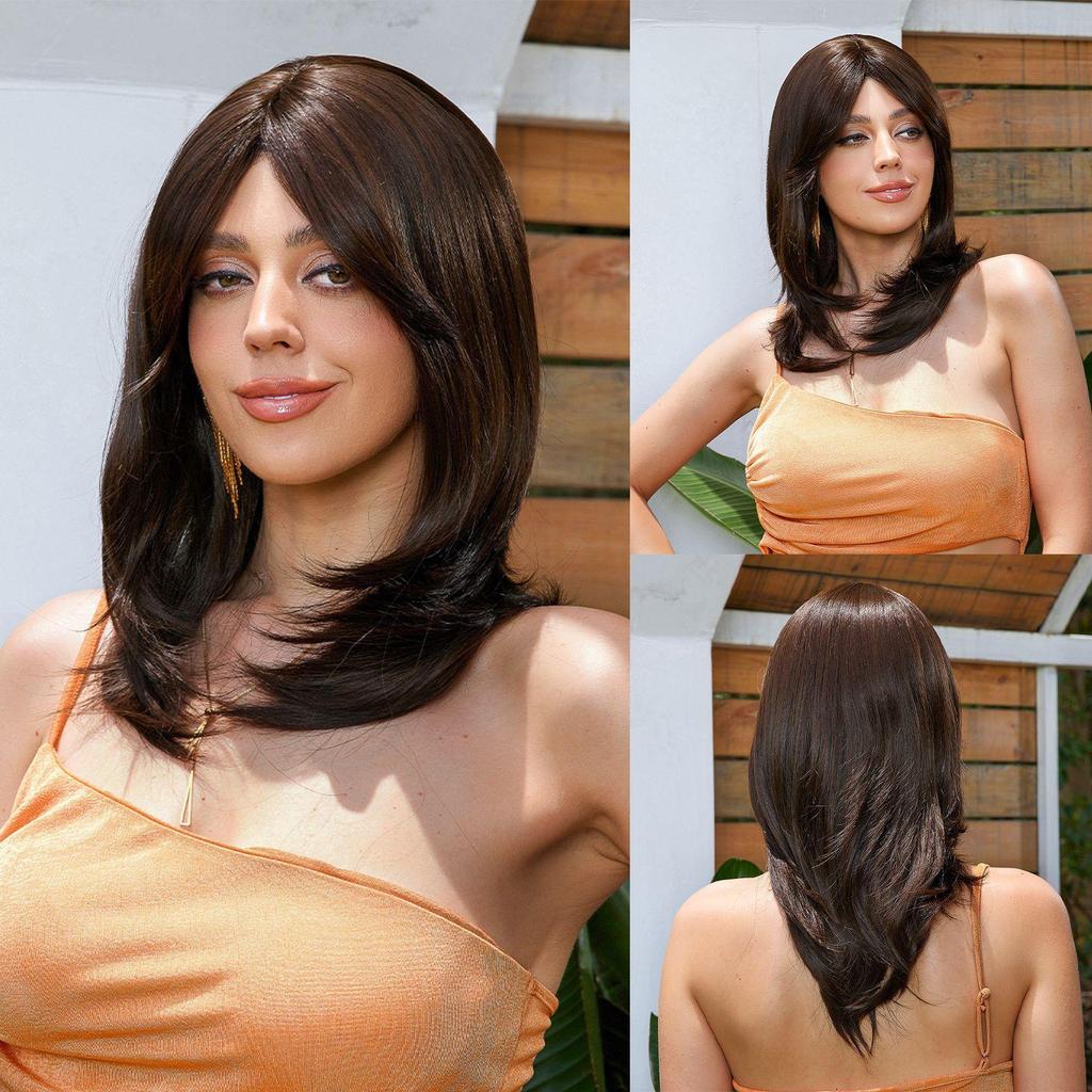 Long Wavy Layered Black-Brown Shoulder-Length Wigs With Bangs Heat Resistant Synthetic Wigs for Women Cosplay Daily Natural Wigs