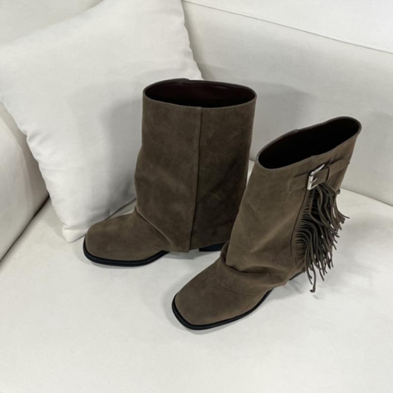Melting Brown Women Casual Fringe Folding Mid Boots 4 Color