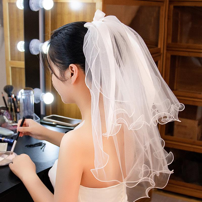 1 шт. Свадебная фата с кружевной кромкой, короткая, элегантный бант, жемчуг, свадебные аксессуары, двухслойная, белая, из тюля для женщин