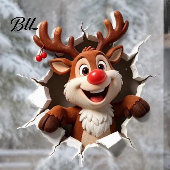 Durable PVC Wall Stickers Christmas Reindeer Decal, 3D Hole Illusion Red Nose Rudolph Sticker, Seasonal Window Decorations Peel And Stick Waterproof