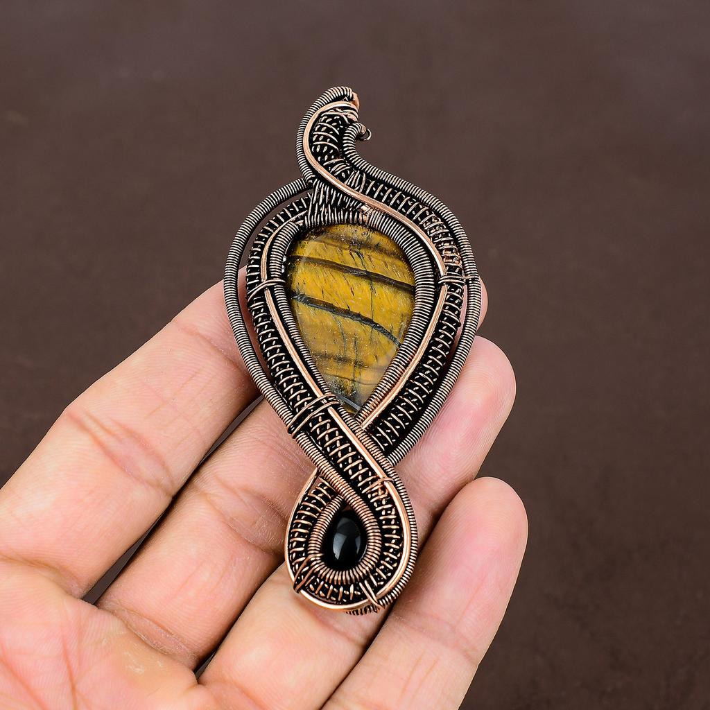 Подвеска ручной работы из медной проволоки, натуральный тигровый глаз, черный оникс, 3,54 дюйма F5z90