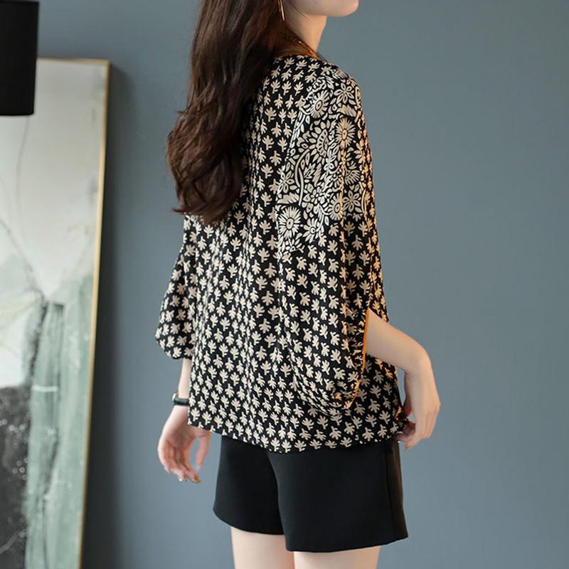 Elegant Fashion Bow Drawstring Printing Patchwork Chiffon Shirt Summer  O-Neck Half Sleeve Pullovers Blouse Women's Clothing