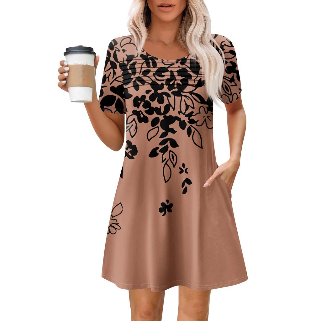 Женские летние повседневные платья с круглым вырезом, плиссированные, с карманами, с принтом, с коротким рукавом