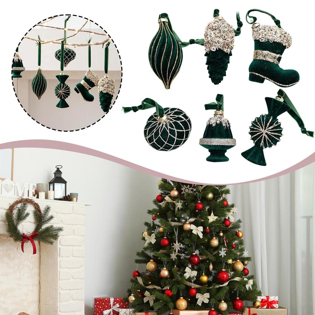6x Christmas Tree Hanging Ornaments with Flocking Candy Pinecone Boot Xmas Tree Pendants Baubles for Holiday Party Thanksgiving