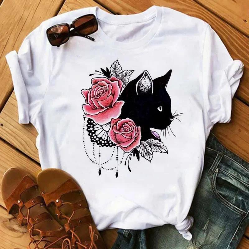 Maycaur Kawaii Cats Print Summer Cute Women Tshirt Funny Cartoon T Shirt FeUnisex Ullzang Tshirt 90s Fashion Korean Style Top Tee