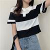 Летний корейский полосатый лоскутный вязаный свитер с короткими рукавами для женщин, универсальная короткая рубашка поло, модный топ