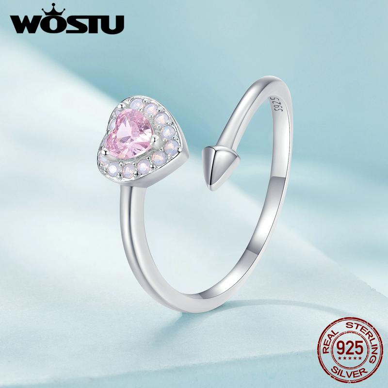 WOSTU Женские кольца из стерлингового серебра 925 пробы с розовым фианитом и сердцем Купидона, штабелируемые кольца, обручальные украшения для вечеринок, прекрасный подарок для нее