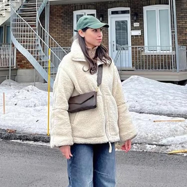 Зимняя женская шерстяная куртка с пушистыми лацканами, модная однотонная куртка с длинным рукавом и двойной молнией, женские осенние карманы, женские куртки