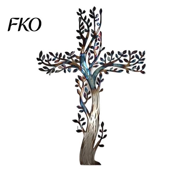 Artistic Cross Wall Hanging Metal Art, Tree of Life Crosses Iron Base Art Decor, for Garden Living Room Bedroom Hollow Branch Leaf Sculpture