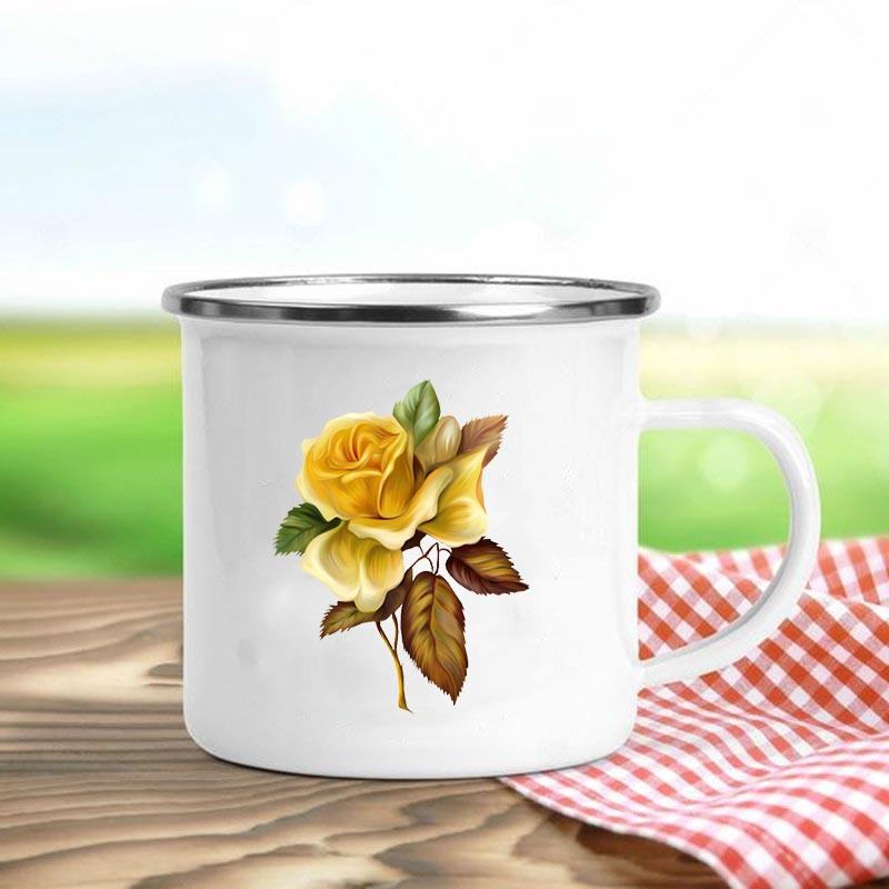 Цветочный принт ретро эмалированные кружки креативные кофейные чашки летние напитки для пикника на свежем воздухе сок молоко походные кружки ручка посуда для питья подарки