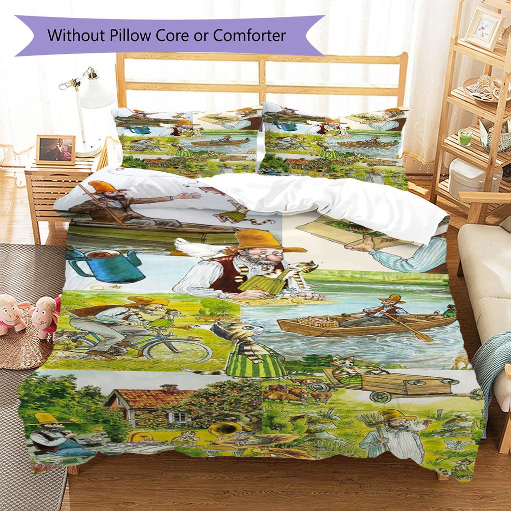 Pettson och Findus Bedding Quilt Set Quilt Cover Pillowcase Home Decoration Birthday Gift (1 * duvet cover + 2 * pillowcase, without core)