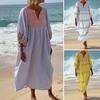 Summer Lady Dress Three Quarter Sleeves Bohemian Style Printed Loose V Neck Pullover Casual Mid-calf Length Midi