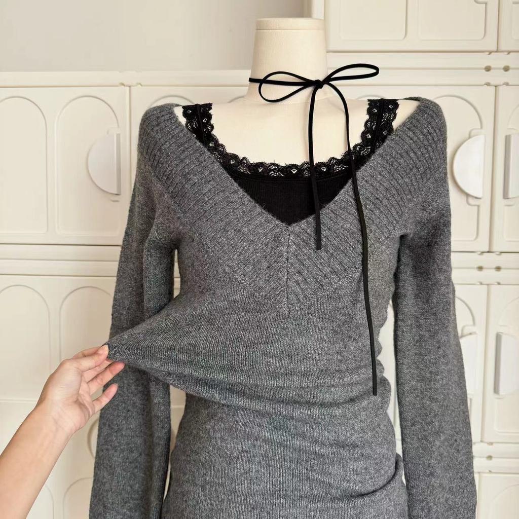 Французский Ретро Элегантный Y2k Комплект из 3 предметов Женский Винтажный Однотонный Свитер с Длинным Рукавом + Кружевной Повседневный Жилет + Клетчатая Шикарная Юбка Осень 2024