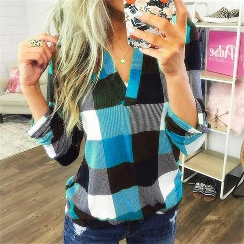 Women's Spring Autumn Shirt Checkered Printed V-neck Long Sleeved Top Blouses