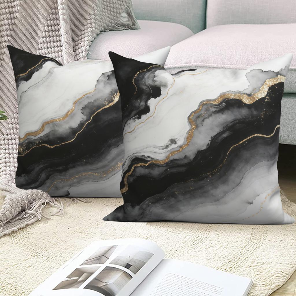 Luxury Marble Pillow Covers Set Of 4 Black White Gold Ink Pillowcases Polyester Linen Material For Bedroom Living Room Decor