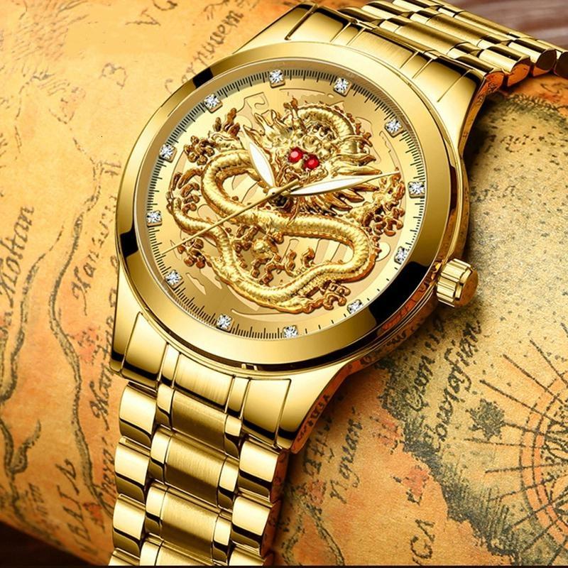 FNGEEN Men's Watch Light Luxury Relief Golden Dragon Watch Waterproof Diamond Inlaid Ruby Mens Quartz Watch