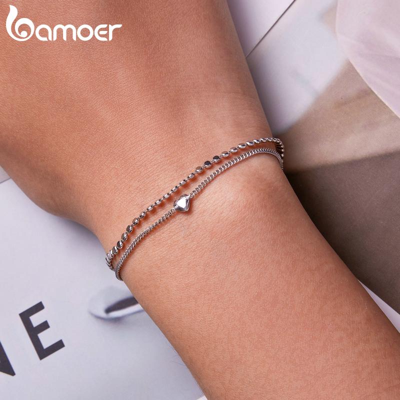 BAMOER 925 Sterling Silver Simple Double Layer Bracelet for Women Adjustable Lock Chain Heart Bracelet Fine Jewerly Wedding Gift