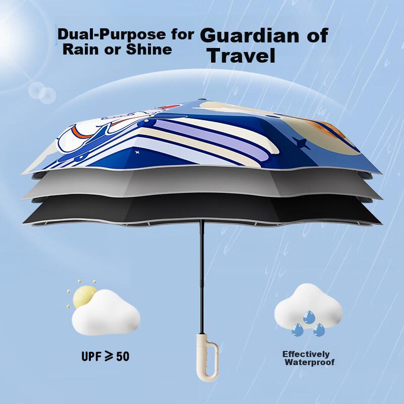 Fully Automatic Tri-Fold Umbrella, Sun And Rain Umbrella with Ring Handle, Can Be Hung on Backpack, Rounded Edges, Anti-Puncture, Misty Blue Color