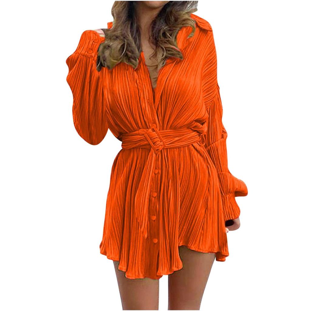 Women's Shirt Collar Fashionable Elastic Waist Pleated Long Sleeved  Dress