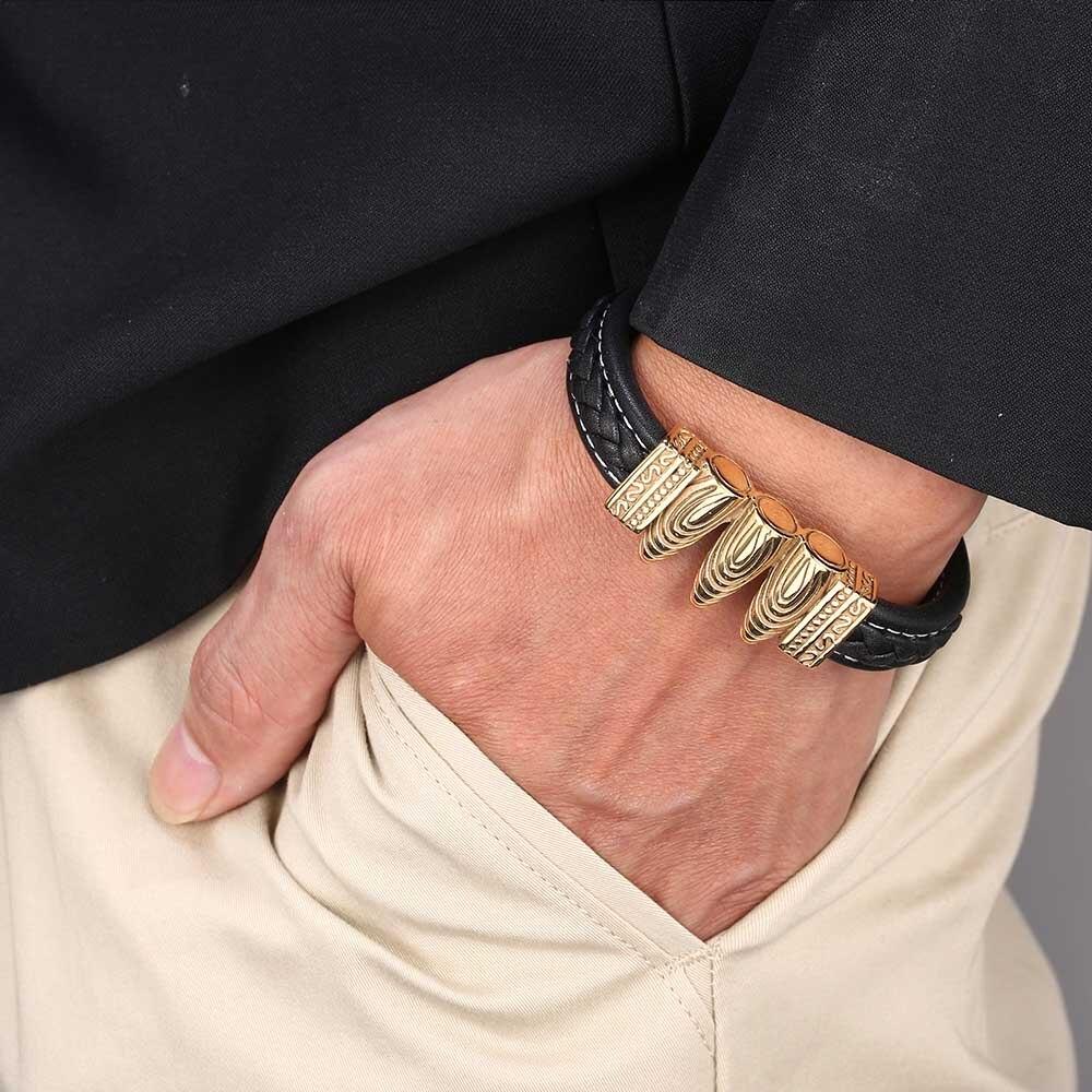 Punk Men Bullet Shape Bracelet Fashion Clasp Black Braided Leather Bangles Charm Man Jewelry Gifts