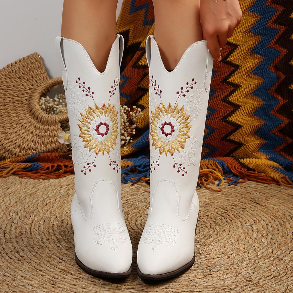 Cowboy Boots for Women Cowgirl Mid Calf Western Boots Embroidered Pull On Pointed Toe Chunky Block Heel Booties Women's Fall Non-Slip Low Heel Booties