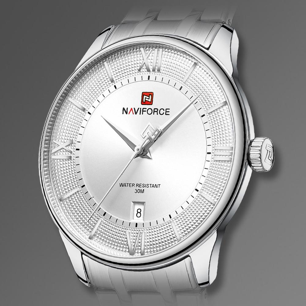 Naviforce Мужские кварцевые часы Повседневные с календарем Простой циферблат Водонепроницаемость 30 м Ремешок из нержавеющей стали Мужские повседневные часы Подарок NF9272S