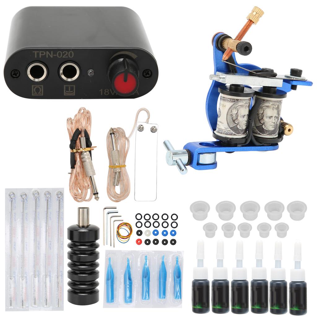 Complete Tattoo Kit Professional Tattoo Machines Starter Kit Tattoo Coils Machines Needles Grips 6