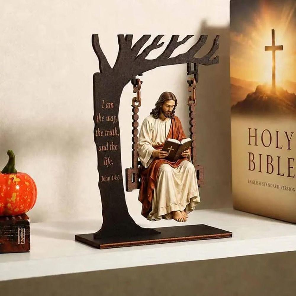 Tree Shape Figure Reading on the Swing Freestanding Base Shelf Decoration Christian Table Decor