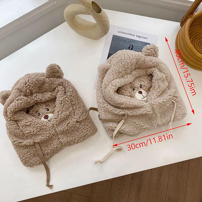 Women Cute Bear Ear Beanies Hat Kawaii Winter Warm Thick Fleece Bobble Hat Fluffy Fuzzy Hats Scarf Caps