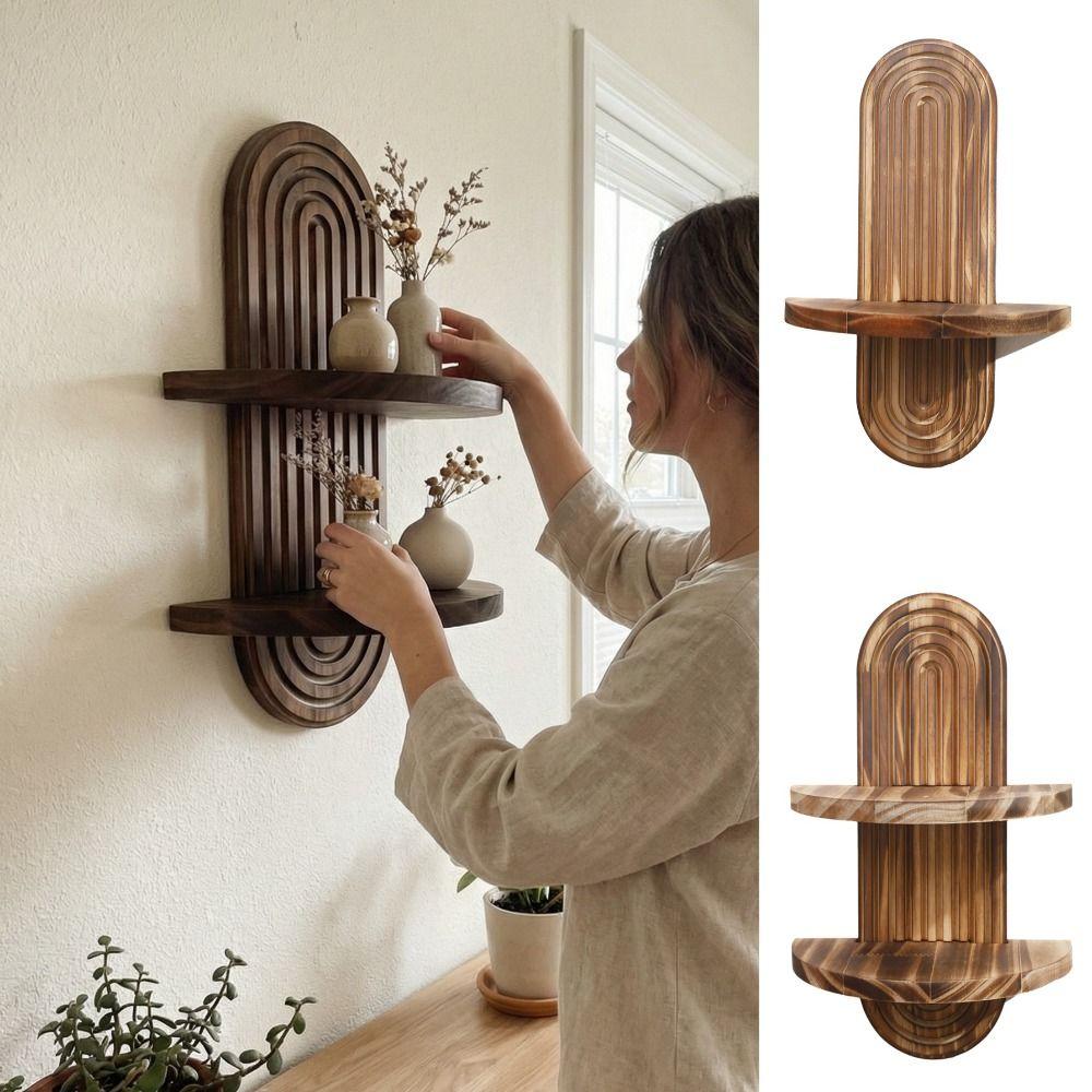 Oval Threaded Arched Floating Shelf Natural Artistic Wooden Stand Boho Style Rack  Plant Decorative
