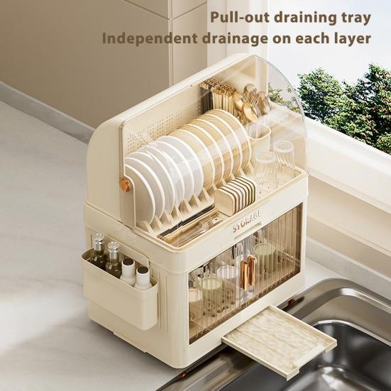 Штабелируемый ящик для хранения посуды, многоярусный органайзер для столовой посуды с прозрачной крышкой, дверцами, крючками, контейнеры для хранения тарелок, чашек, с поддоном для слива