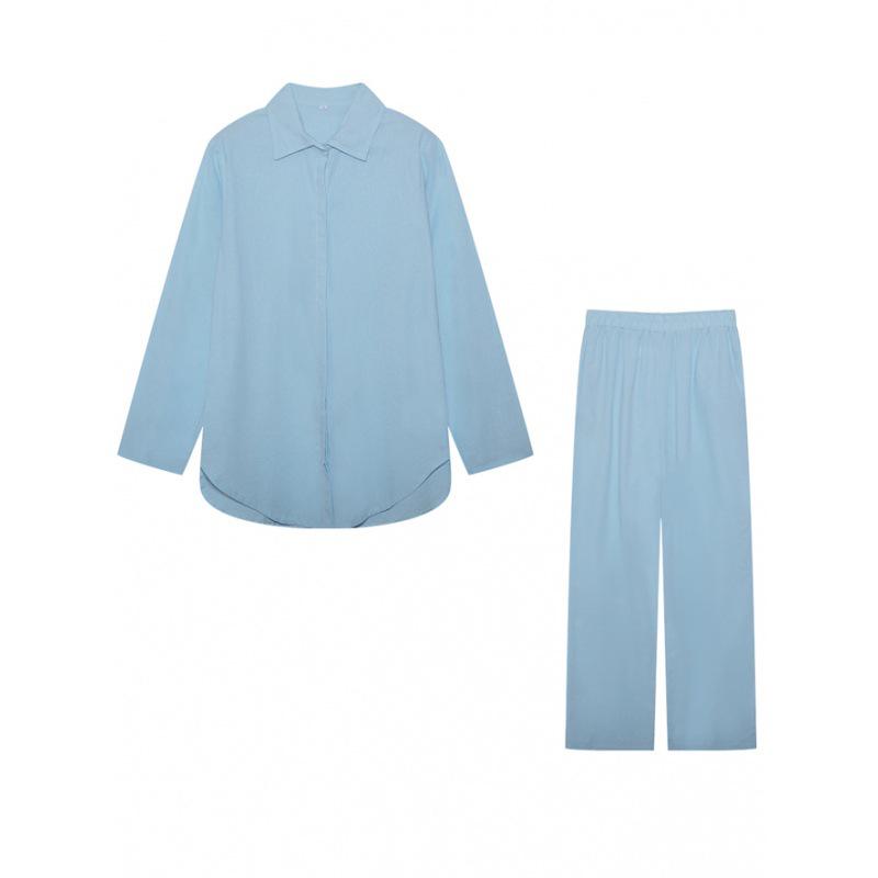 2023 Women's Casual Two-Piece Suit: Lapel Long-Sleeve Shirt & Wide-Leg Pants for Spring & Autumn