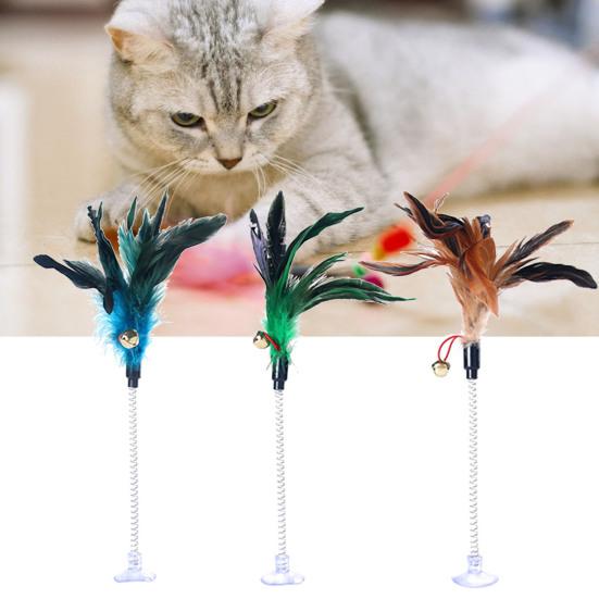 Funny Pet Cat Feather Bell Spring Suction Cup Elastic Playing Interactive Toy