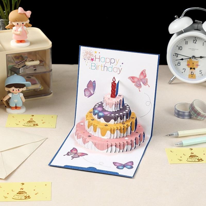1pc Colorful Handmade 3D Birthday Greeting Card with Butterfly Cake Design - Foldable Pull-out Inner Card for Custom Wishes