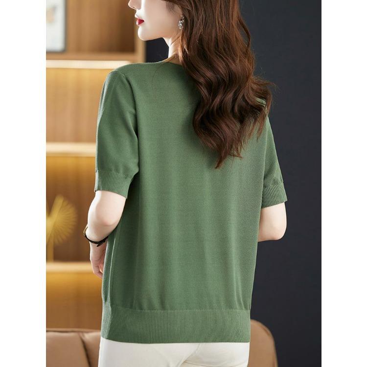 Летняя женская трикотажная футболка Ice Silk с короткими рукавами, летний новый свободный и стильный тонкий трикотажный топ с V-образным вырезом