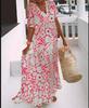Women Summer Floral Print V Neck Short Sleeve Maxi Dress