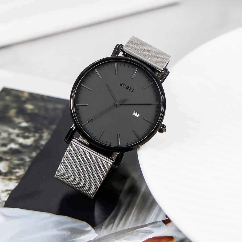 BUREI Men's Watch: Simple, Stylish, Popular Brand, Ultra-Thin, Lightweight, Analog, Waterproof, Quartz Movement, Black-Gray