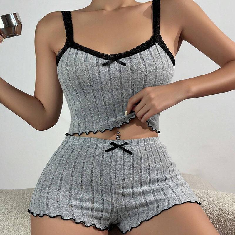 2 шт./комплект пижамы без рукавов пижамные штаны стрейч студенческие шорты майка домашняя одежда сексуальный кружевной топ сбоку женская студенческая пижама